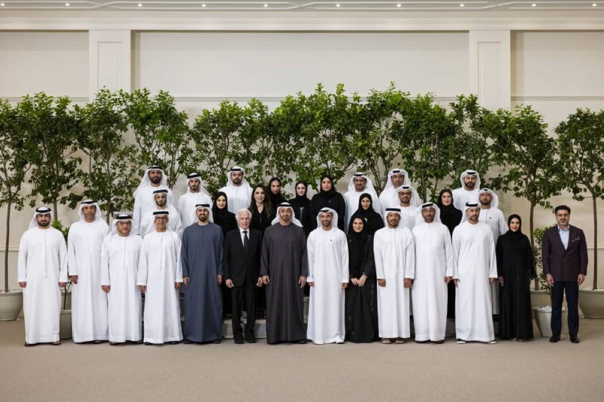 Sheikh Mohamed bin Zayed Al Nahyan, President of the UAE, receives a delegation from the Emirates Foundation at a formal meeting attended by senior members of the royal family and officials.