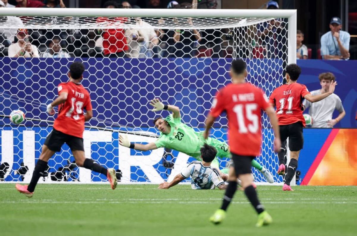 Egyptian national football team players in action during their 2026 World Cup match against Argentina in Atlanta.