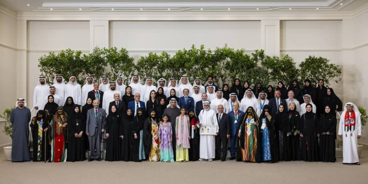 Sheikh Mohamed bin Zayed Al Nahyan meets with winners of the Abu Dhabi Masters Games 2026 and organising committee members at a reception gathering.