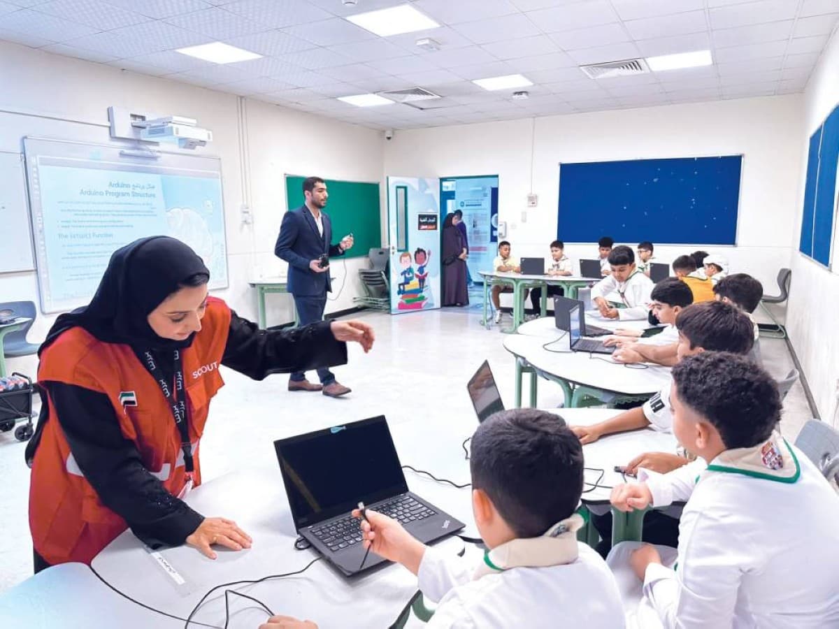 Students participating in outdoor scouting and skills activities at the Our Distinctive Summer 2026 camp held at Al Mizhar Sports Hall in Dubai.