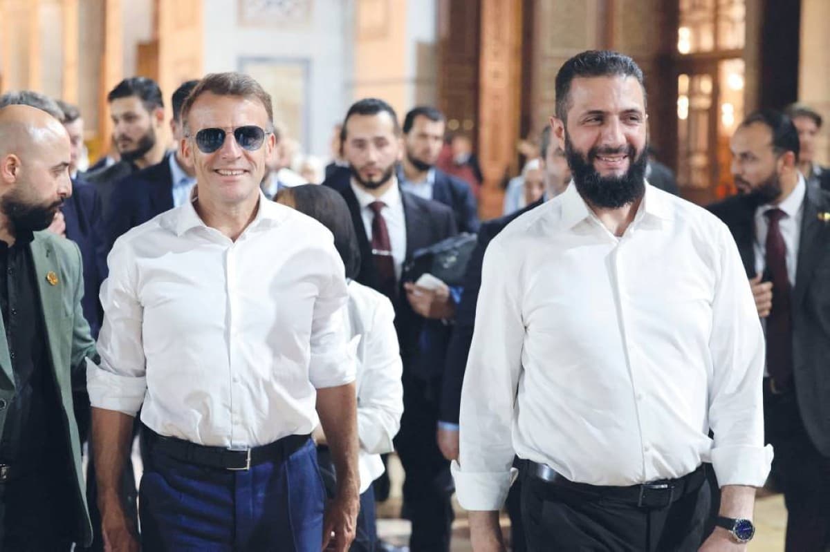 French President Emmanuel Macron and Syrian President Ahmed Al-Sharaa hold a joint press conference at the People's Palace in Damascus.