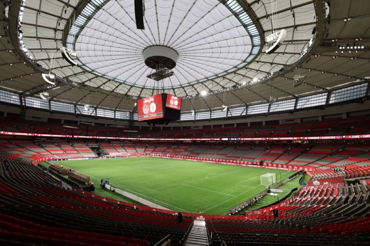 An aerial view of a World Cup 2026 match venue stadium filled with spectators.