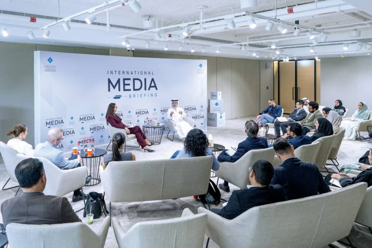 Hamed Ali, CEO of Dubai Financial Market and Nasdaq Dubai, speaks to international media representatives at the first International Media Briefings session hosted by the Dubai Government Media Office.