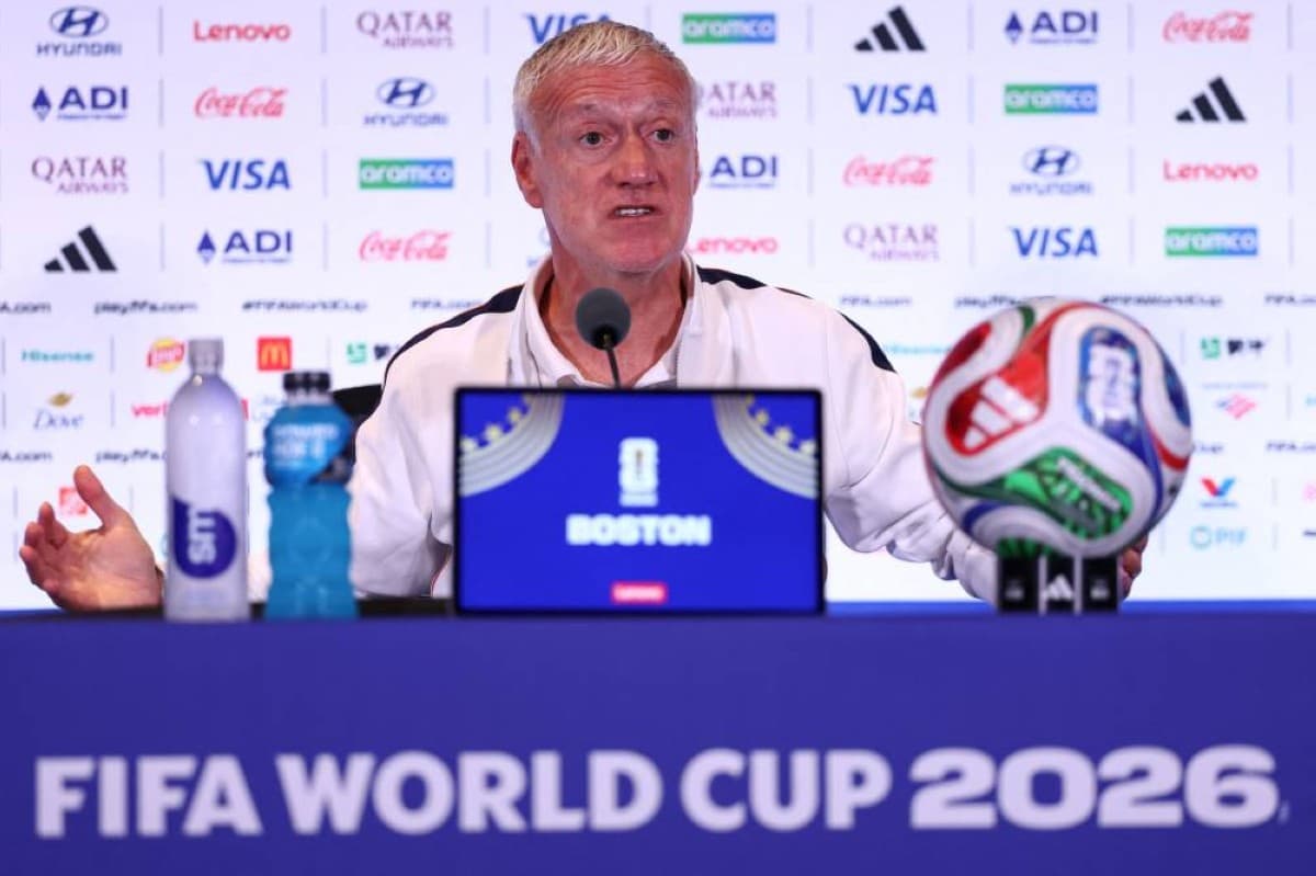 France manager Didier Deschamps speaks at a press conference ahead of the 2026 World Cup quarter-final against Morocco.