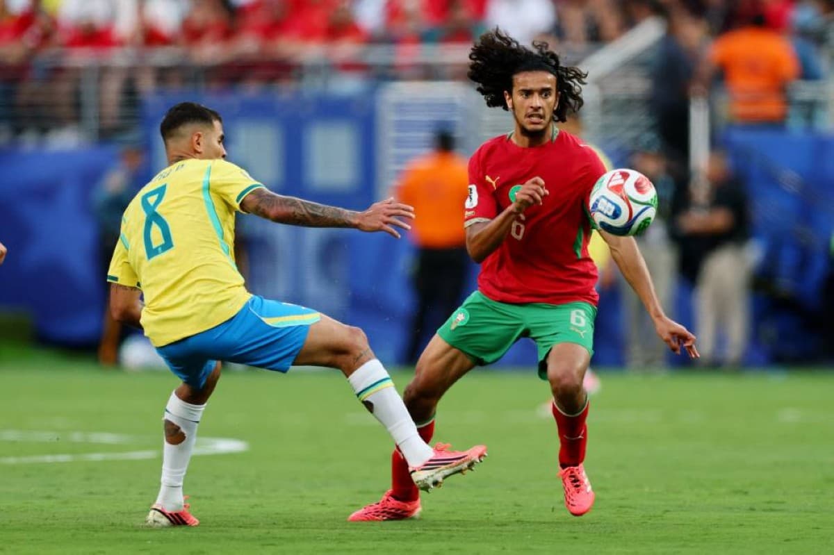 Ayoub Bouaddi in action for Morocco during the 2026 FIFA World Cup, preparing to face France in the quarter-finals.