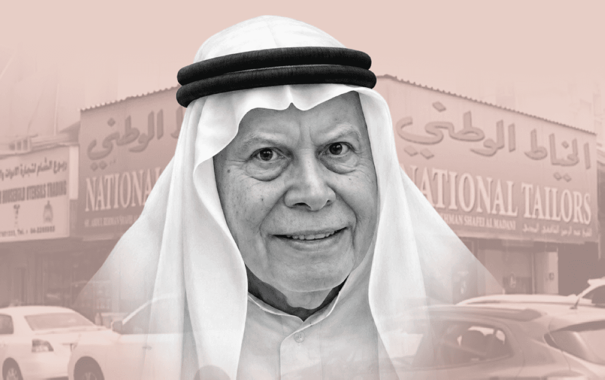Sheikh Abdulrahman Al Shafi'i Al Madani, widely regarded as Dubai's first tailor, pictured in connection with his lifelong craft of tailoring the traditional Emirati kandura.