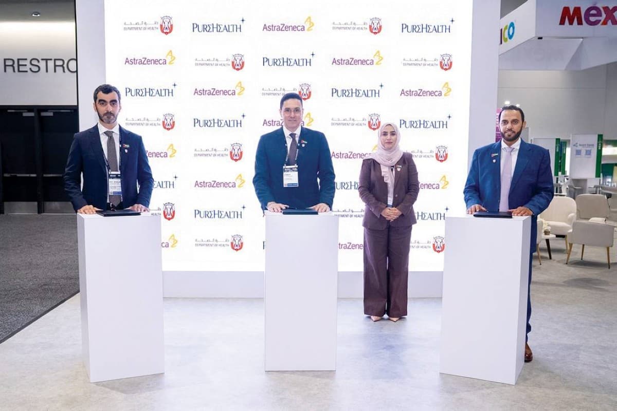 Signing ceremony of the memorandum of understanding between the Department of Health – Abu Dhabi, AstraZeneca, and Pure Health at the BIO International Convention 2026 in San Diego.