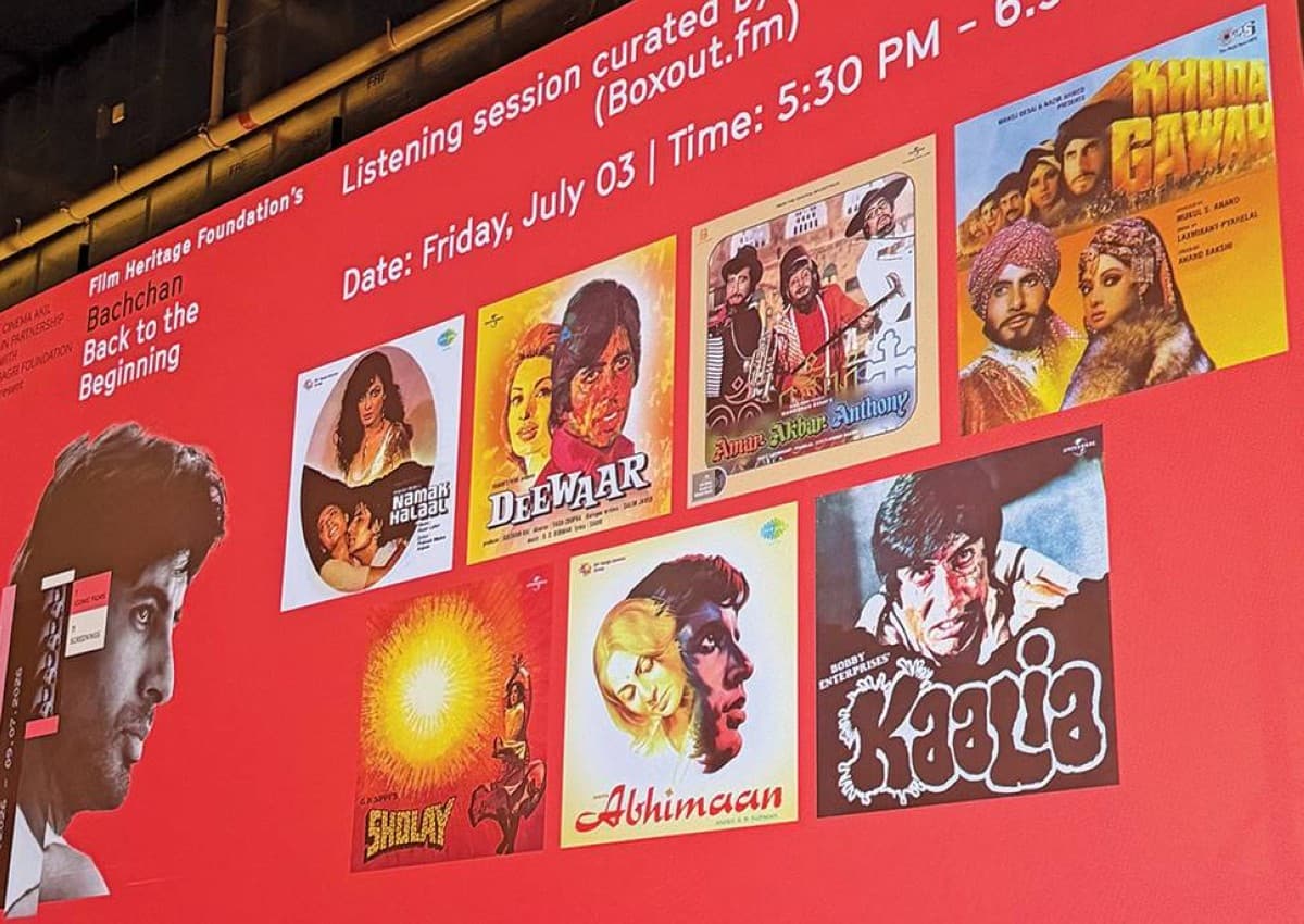 A promotional display for the 'Bachchan: Back to the Beginning' film retrospective programme at Aqeel Cinema in Dubai.