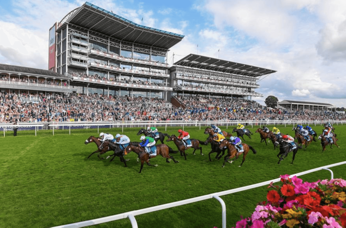 Horses racing at Meydan racecourse in Dubai during a racing carnival event.