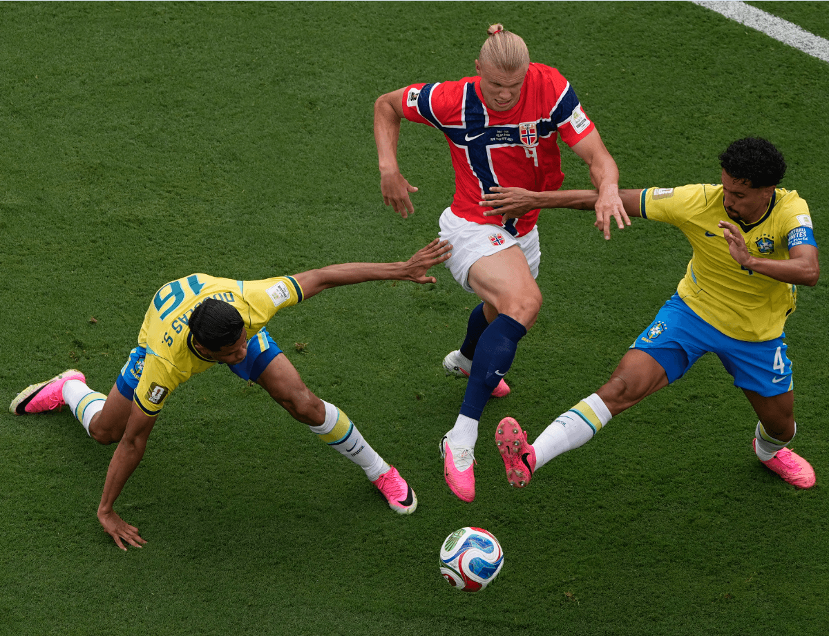 Erling Haaland celebrates during Norway's 2026 World Cup quarter-final run, with the match against England in Miami approaching.