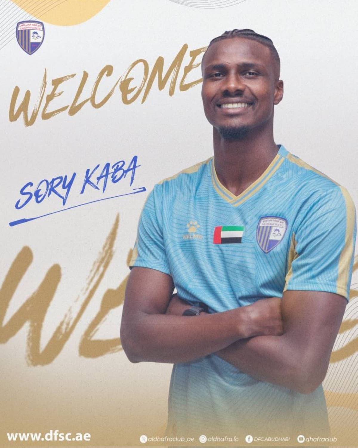 Guinean striker Sory Kaba poses in Al Dhafra club kit after completing his signing from Belgian side OH Leuven.