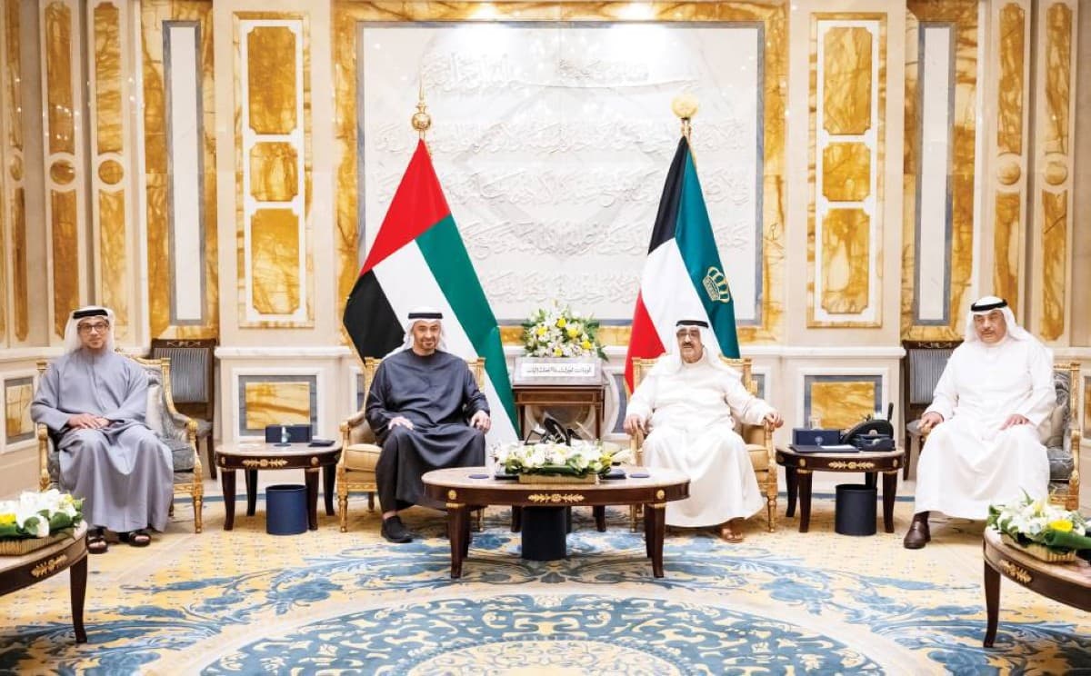 Sheikh Mohamed bin Zayed Al Nahyan meets with Kuwait's Amir Sheikh Mishaal Al-Ahmad Al-Jaber Al-Sabah at Bayan Palace during a fraternal visit to Kuwait.