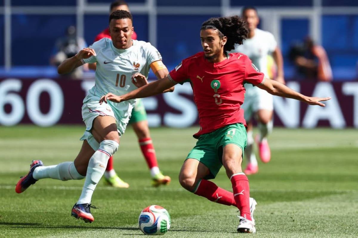 Ayoub Bouaddi in action for Morocco during their 2026 World Cup quarter-final match against France at Boston stadium.