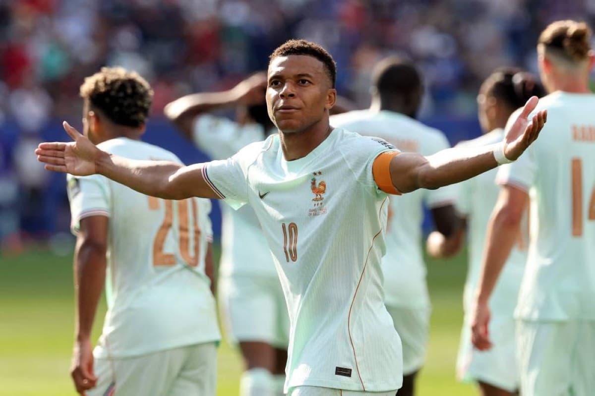 Kylian Mbappé celebrates after scoring for France against Morocco in the 2026 World Cup quarter-final in Boston.