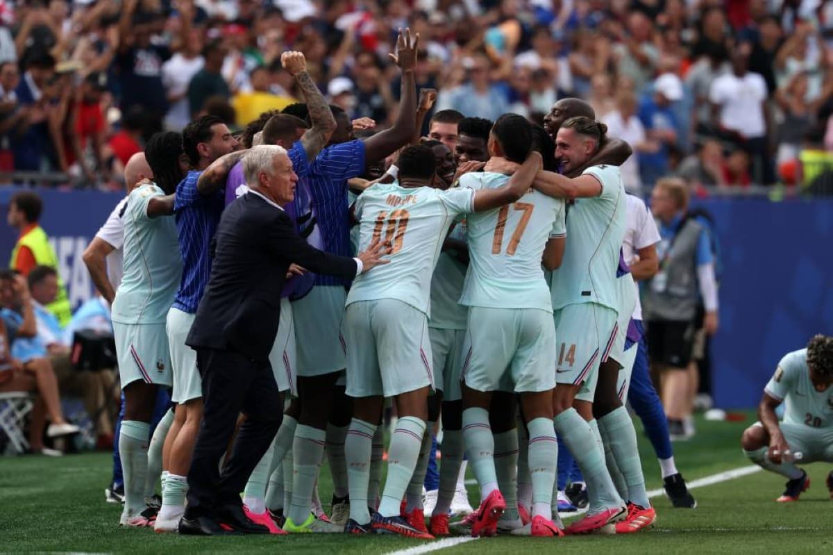 The French national football team celebrating their 2-0 quarter-final victory over Morocco at the 2026 FIFA World Cup.