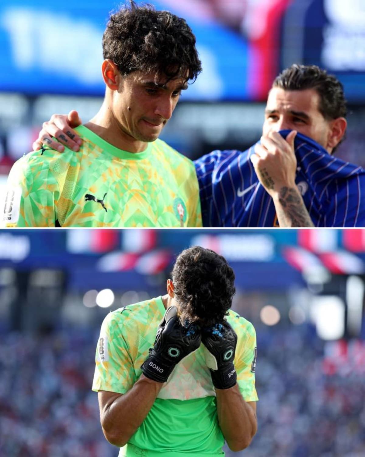 Morocco goalkeeper Yassine Bono in tears on the pitch following his side's 2-0 quarter-final defeat to France at the 2026 World Cup.