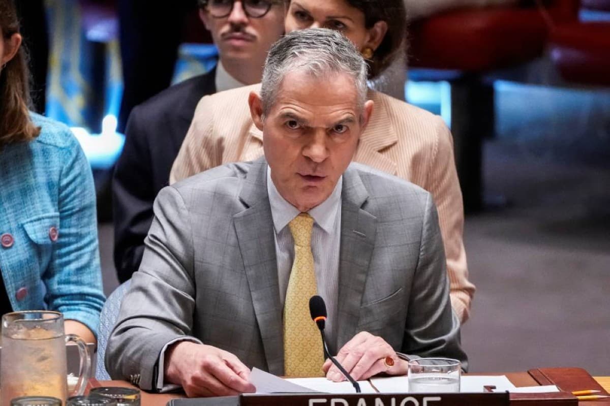France's UN Security Council ambassador Jérôme Bonnafont speaking during a Security Council session on the situation in Iran.