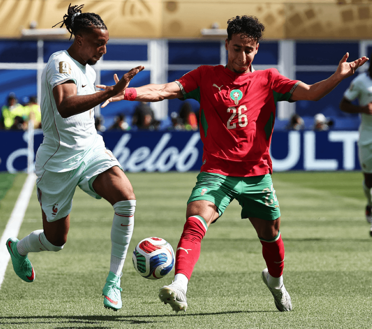 A graphic or screen display illustrating AI-powered football analysis tools used by national teams at the 2026 FIFA World Cup.