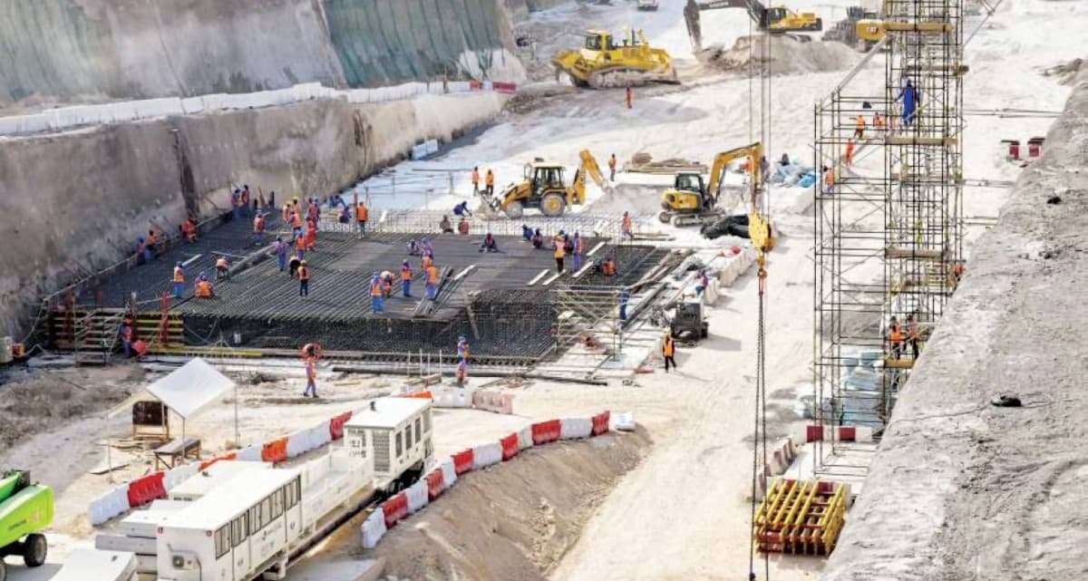 Construction works underway on the Dubai Metro Blue Line project, including deep foundations for the iconic Emaar Properties station, set to become the world's highest metro station at 74 metres.
