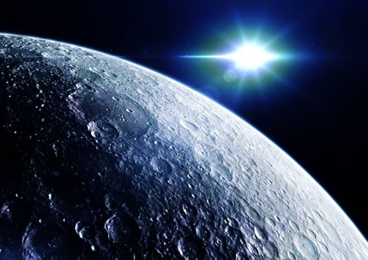 An illustration of the Moon in space, depicted as a natural detector for gravitational waves emanating from compact stellar objects within the Milky Way.