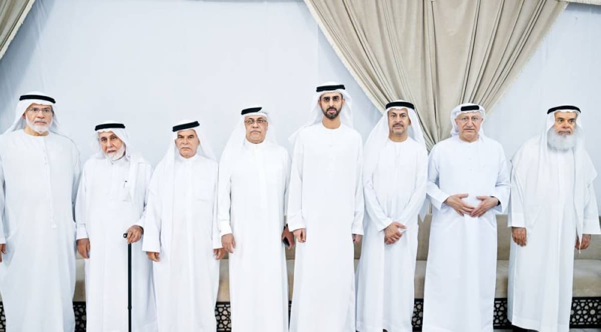 Mourners and officials attending a condolence council in Dubai for Sheikh Abdulrahman Al Shafi'i Al Madani.