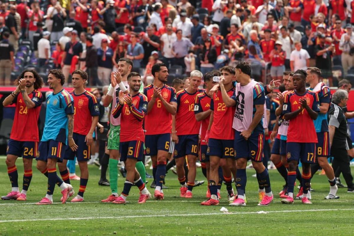 Spain players celebrate after Mikel Merino's late winning goal against Belgium at SoFi Stadium in Los Angeles during the 2026 FIFA World Cup quarter-finals.