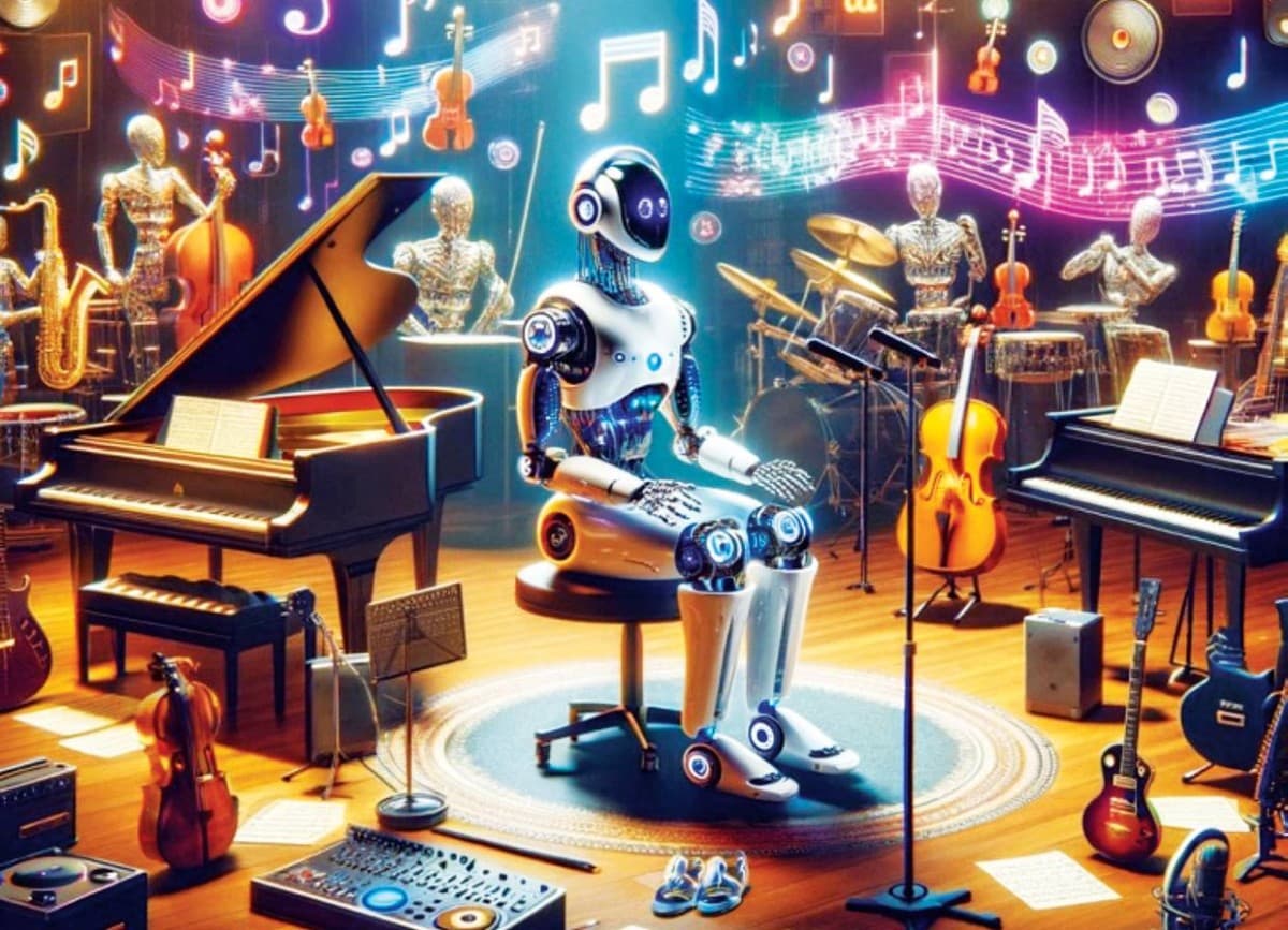 A visual representation of AI-generated music labels being displayed on a digital interface against a musical background.