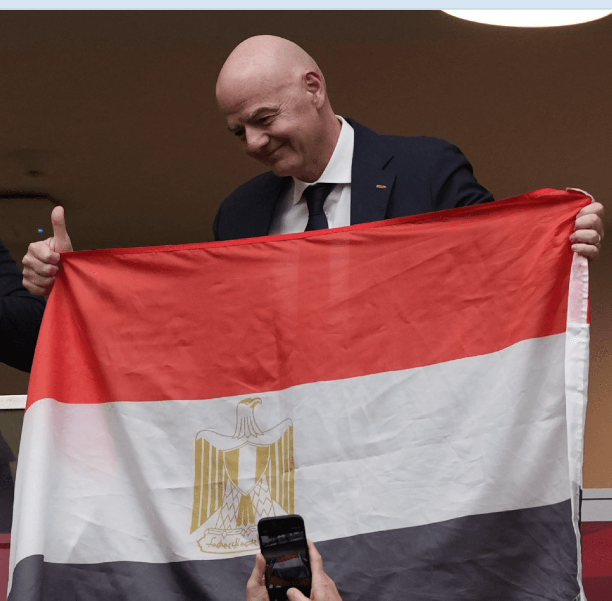 FIFA president Gianni Infantino delivers a tribute to the Egyptian national team following their exit from the 2026 FIFA World Cup at the round of 16.