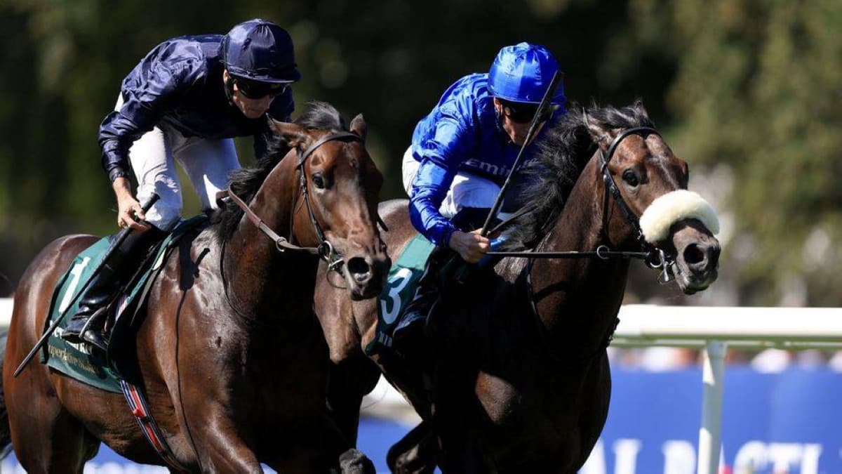Al Hudaybah, the Godolphin colt trained by Charlie Appleby, surges to victory in the Superlative Stakes at Newmarket racecourse during the July Cup festival.