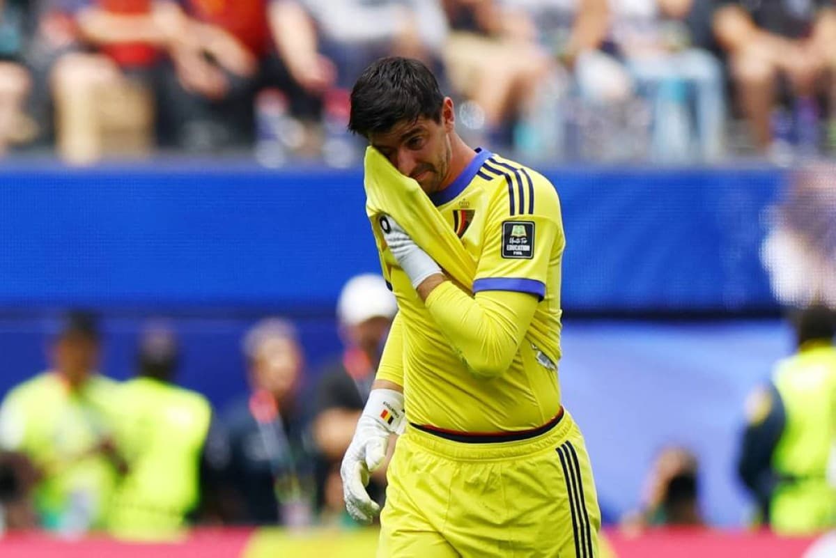 Thibaut Courtois in action during Belgium's quarter-final match against Spain at the 2026 World Cup.