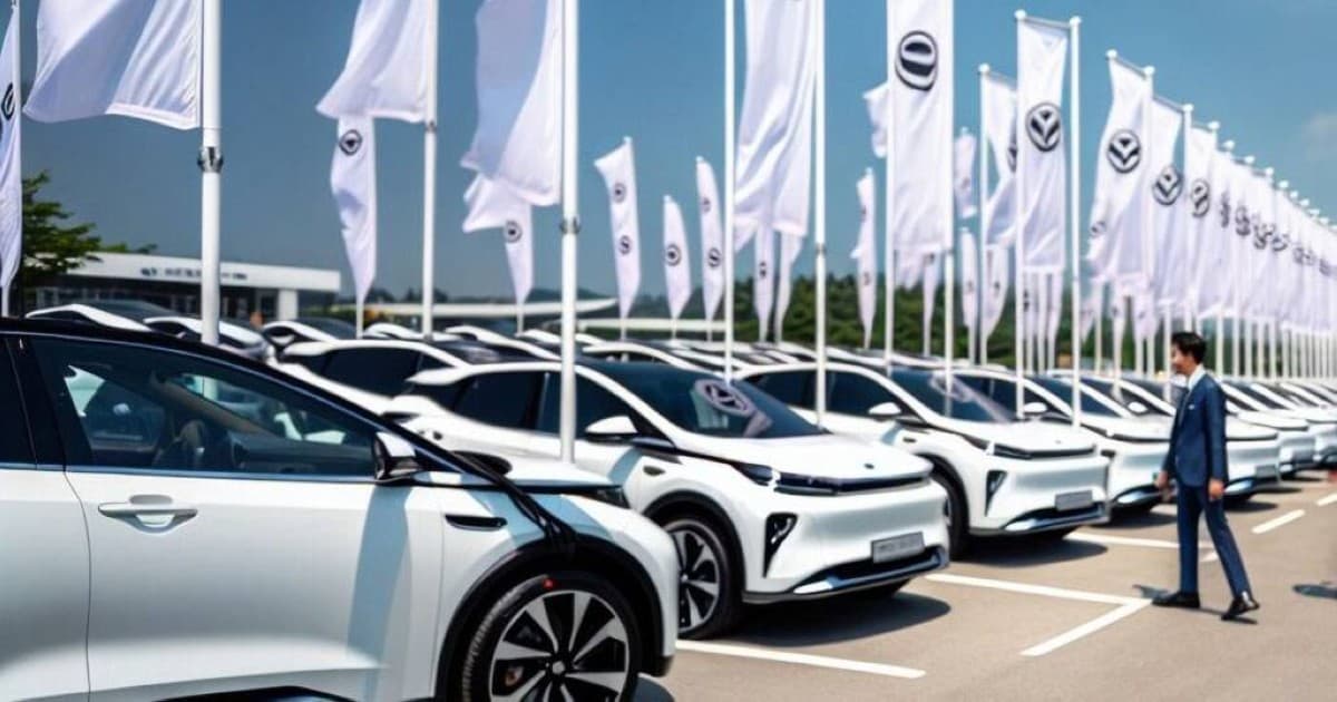 A row of new eco-friendly vehicles on display at a South Korean automotive dealership.