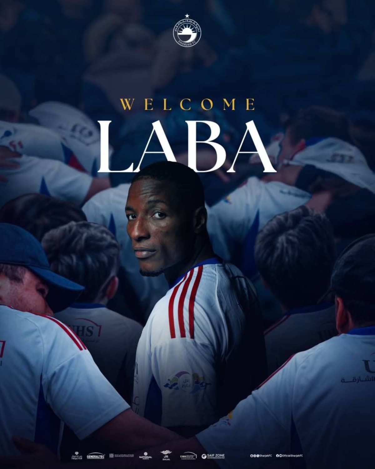Togolese striker Laba Kodjo posing in his new Sharjah FC kit after completing his free transfer from Al Ain.