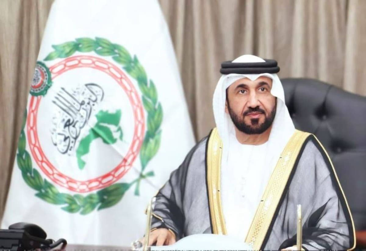 Arab Parliament President Mohammed bin Ahmed Al Yamahi delivering a statement condemning Iranian missile and drone attacks on several Arab states.