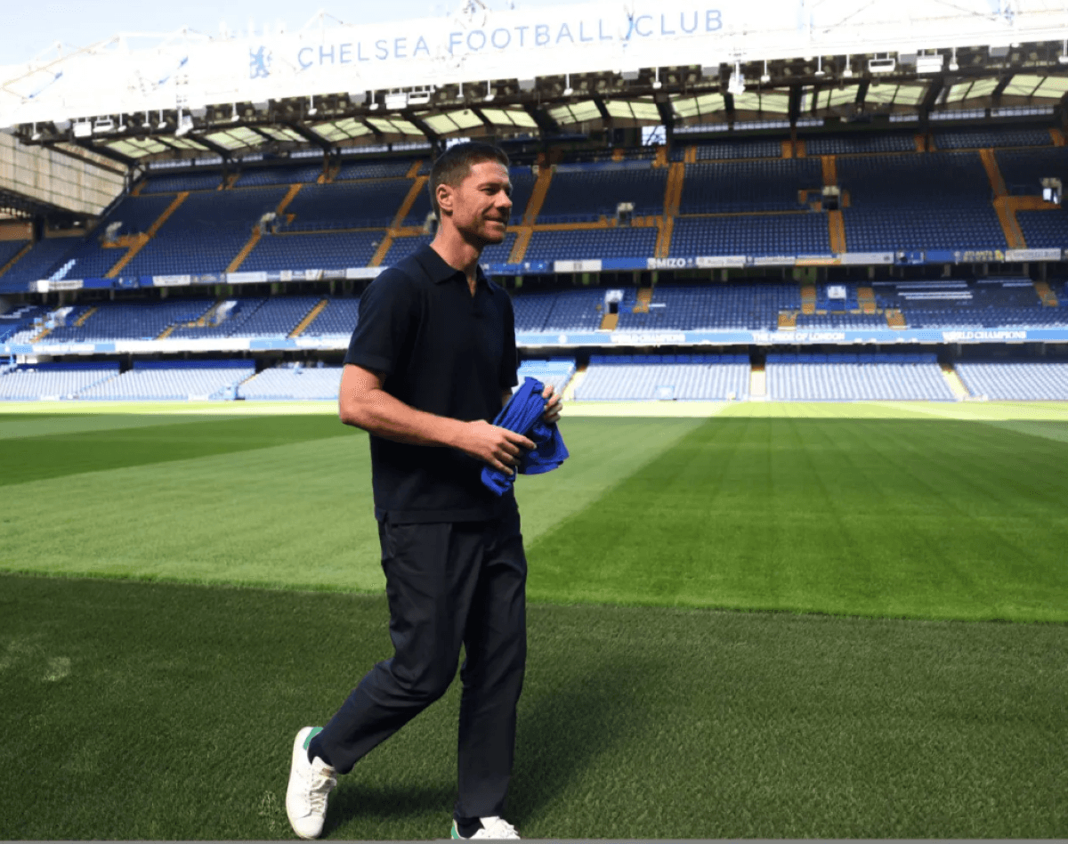 Xabi Alonso addresses the media at Stamford Bridge during his first press conference as Chelsea head coach.