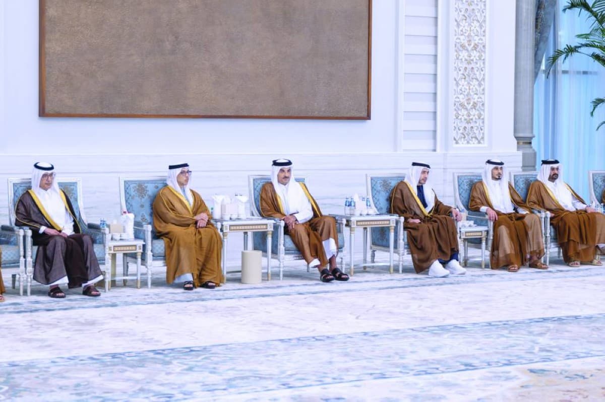 Sheikh Mansour bin Zayed Al Nahyan, Sheikh Saif bin Zayed Al Nahyan and Sheikh Abdullah bin Zayed Al Nahyan offering condolences to Sheikh Tamim bin Hamad Al Thani at Lusail Palace in Doha.