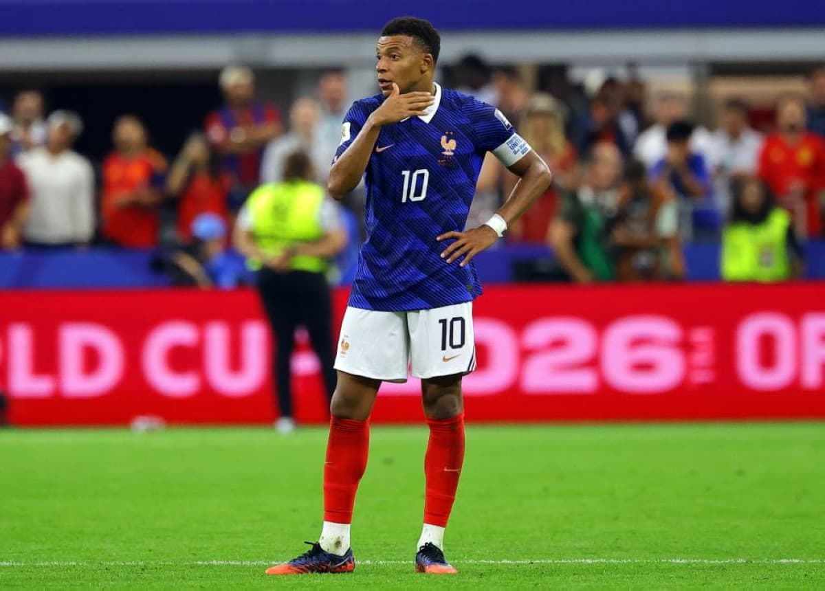Kylian Mbappé in action for France during their 2026 World Cup semi-final defeat to Spain.