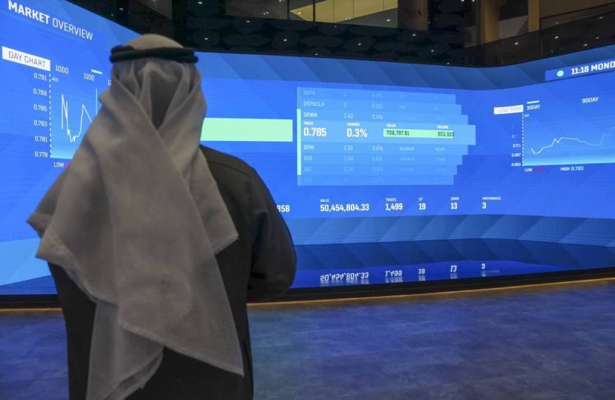 A display board showing trading data at the Dubai Financial Market with the index approaching 6,000 points.