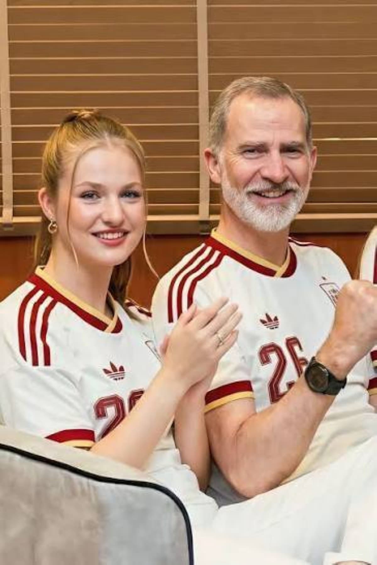 King Felipe VI of Spain pictured at a football stadium alongside Queen Letizia and their daughters, Princesses Leonor and Sofía.