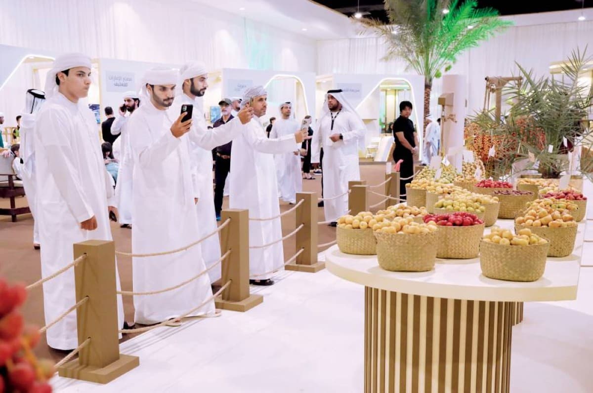 Visitors and palm growers gathered at Qasr Al Rmaal on the Dubai–Al Ain Road for the Dubai Dates Festival, where date palms and their fruit are displayed in an open-air heritage setting.