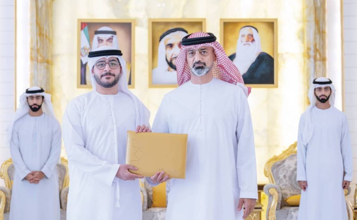 Sheikh Ammar bin Humaid Al Nuaimi, Crown Prince of Ajman, receives top secondary school students and their parents at the Amiri Court in Ajman.