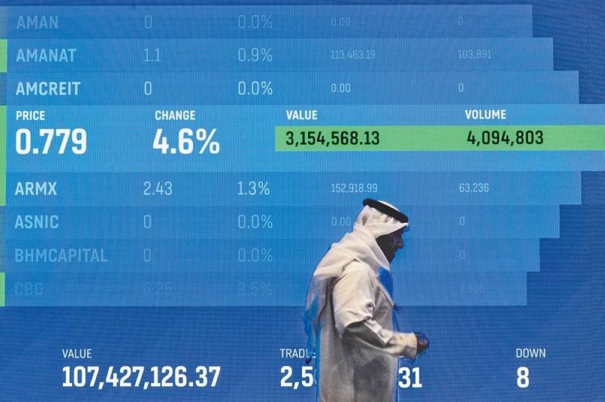 A digital display board showing stock market indices and trading data for Arab financial markets.