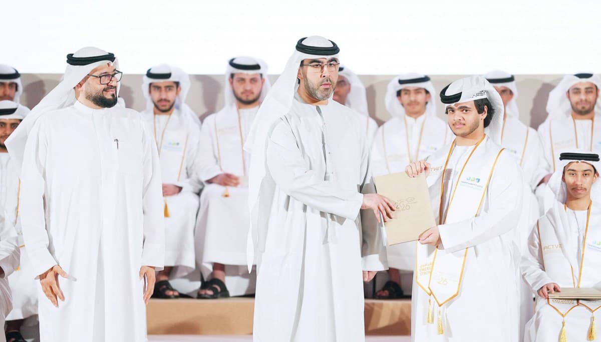 Sheikh Ahmed bin Saud bin Rashid Al Mualla, Deputy Ruler of Umm Al Quwain, presiding over the Applied Technology Schools graduation ceremony in the Falaj Al Mualla area.