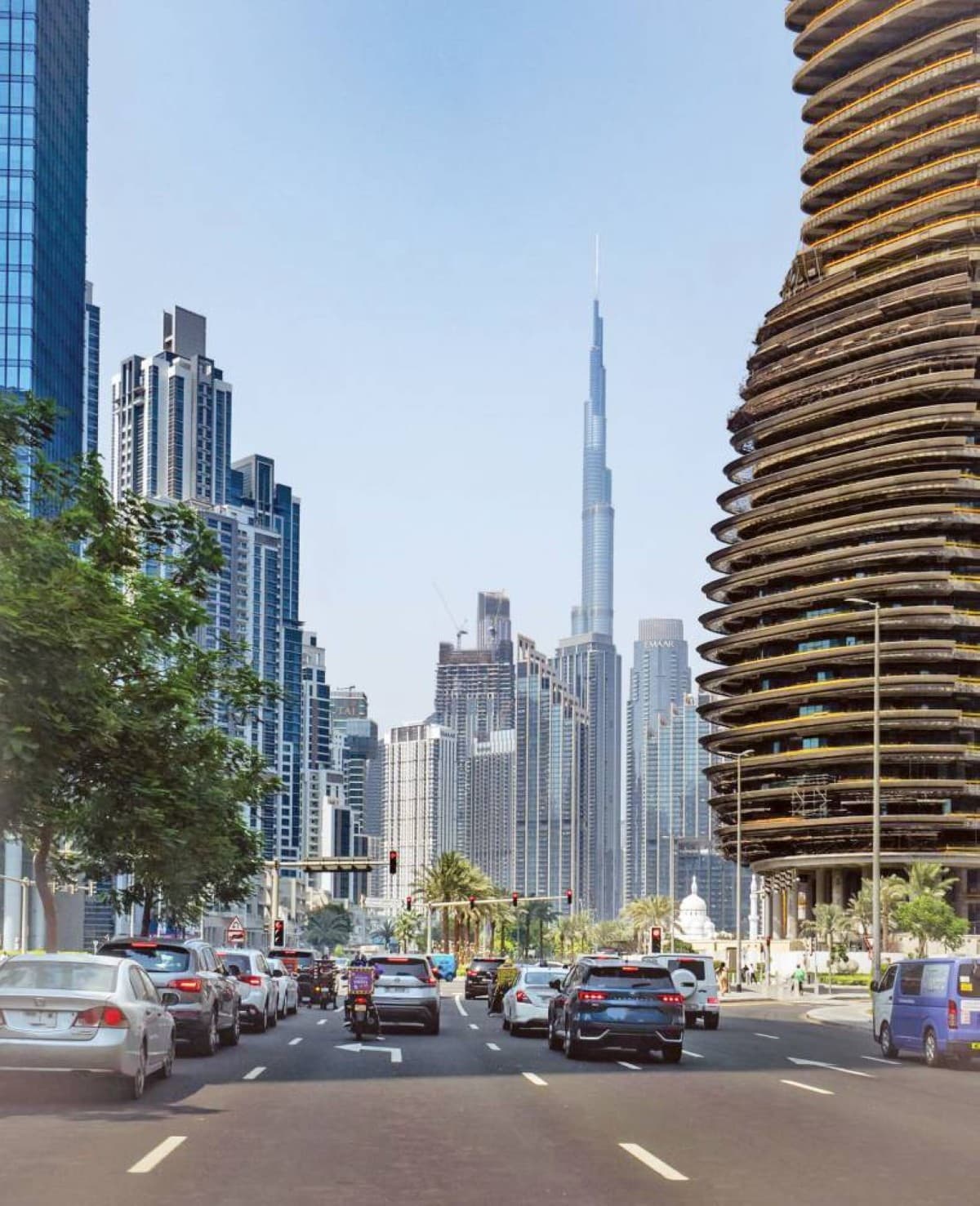 The Dubai city centre skyline, with roads and streets showing normal traffic flow amid the controversy over the Reuters explosions report.