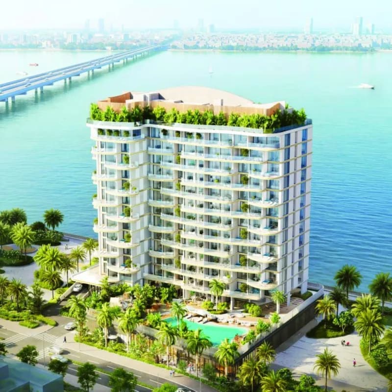 An exterior render of the Casa Grand Hermina waterfront residential development located on the Dubai Islands.