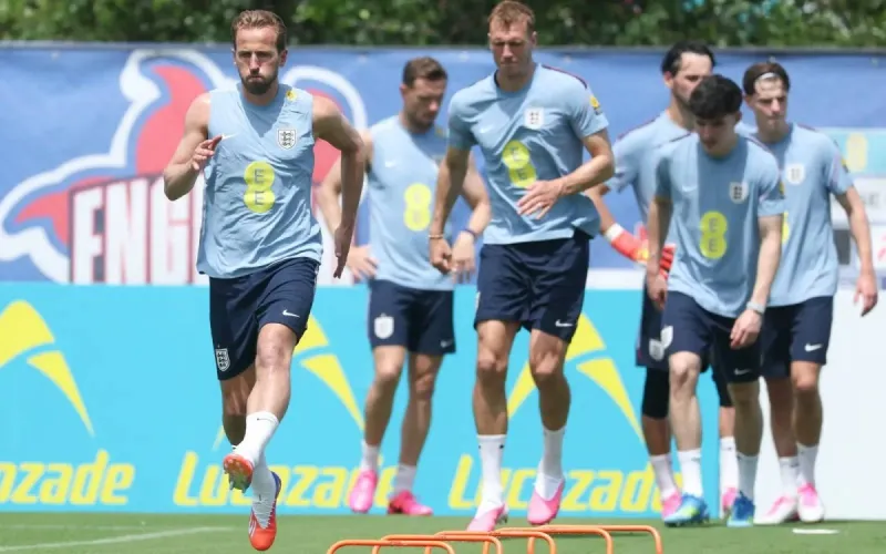 England national football team players at a training session ahead of their 2026 World Cup opener against Croatia.
