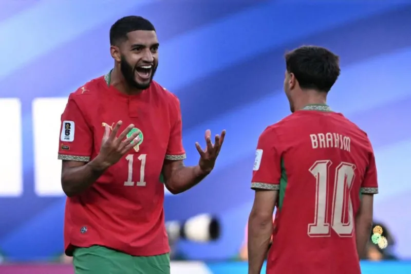 Moroccan footballer Ismail Saibari celebrates after scoring against Brazil at the 2026 FIFA World Cup group stage.