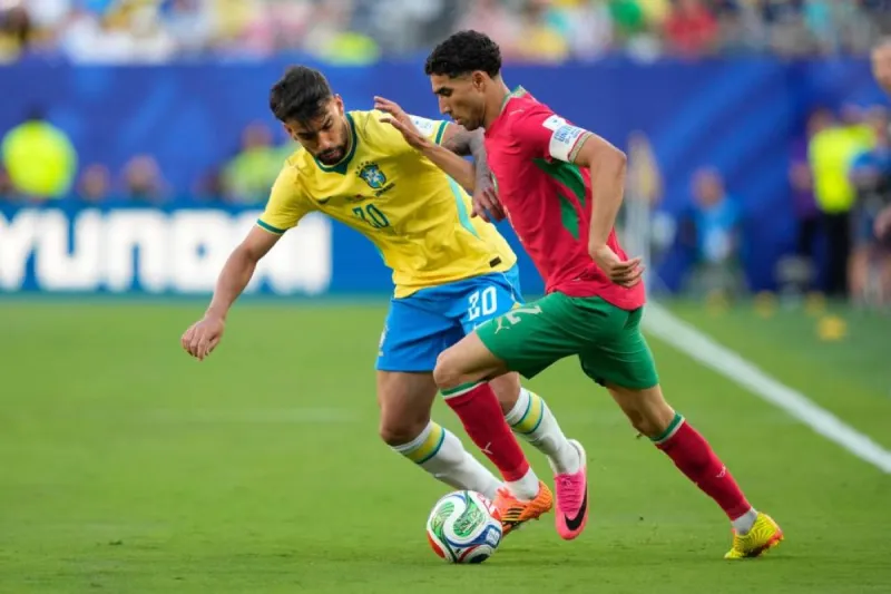 Achraf Hakimi in action for Morocco during their 2026 World Cup group stage match against Brazil.