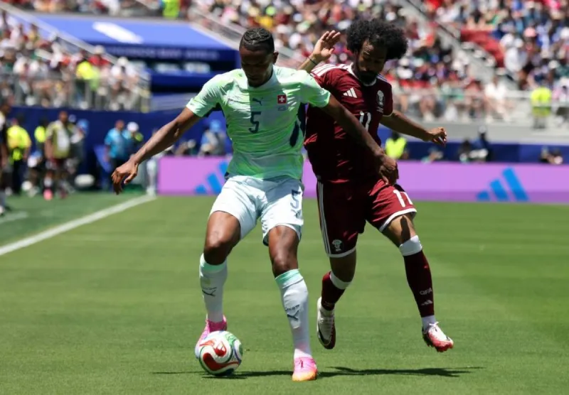 Qatar football star Akram Afif speaks to media after his team's 1-1 draw with Switzerland at the 2026 FIFA World Cup.
