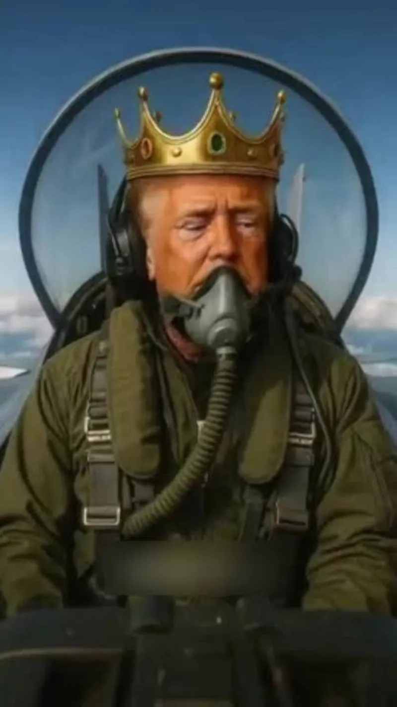 An AI-generated image showing Donald Trump wearing a royal crown inside a fighter jet labelled 'King Trump'.