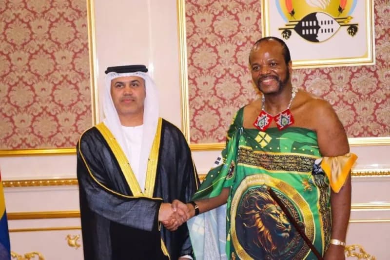 UAE Ambassador Mansour Mohammed Al Jouaid presenting his credentials to King Mswati III of Eswatini at the Royal Palace in Mbabane.